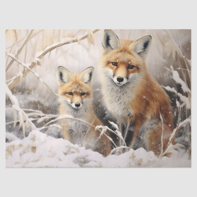 Seda Belo Papel Tecido de Decoupage de Fox de inverno (Frente )
