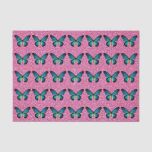 Seda Borboleta Azul No Papel De Tecido Brilhante Rosa