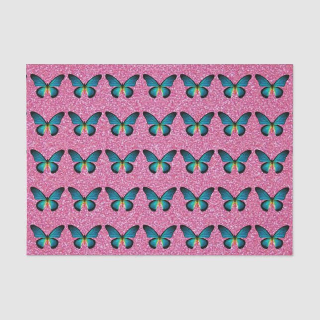 Seda Borboleta Azul No Papel De Tecido Brilhante Rosa (Frente )