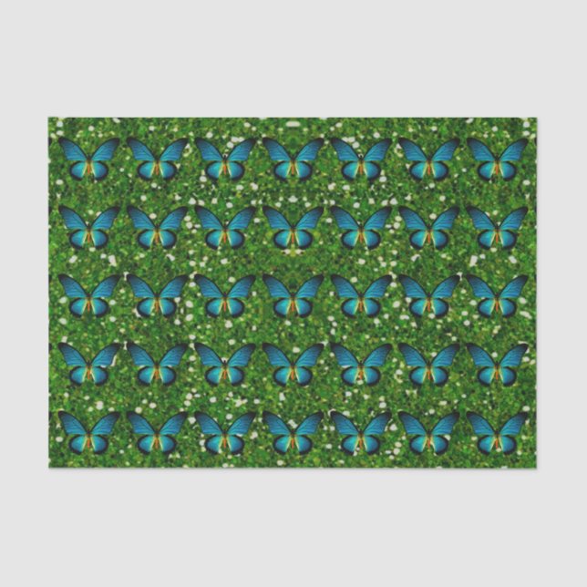 Seda Borboleta Azul No Papel De Tecido Com Brilho Verde (Frente )
