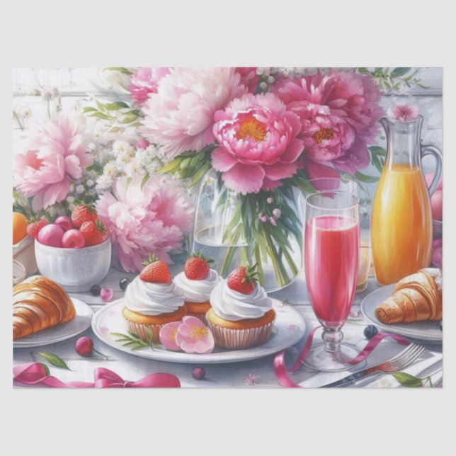 Seda Brunch Elegante com Papel Tecido de Peônias Rosa (Frente )