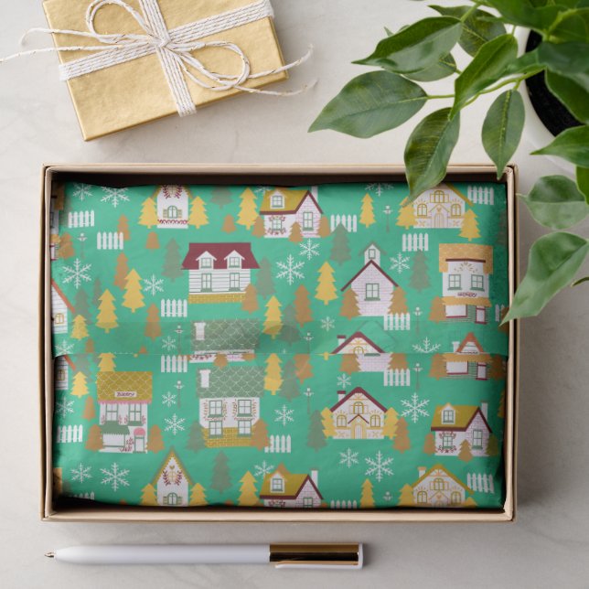 Seda Casas de Natal Papel de embrulho azul verde (Presente)