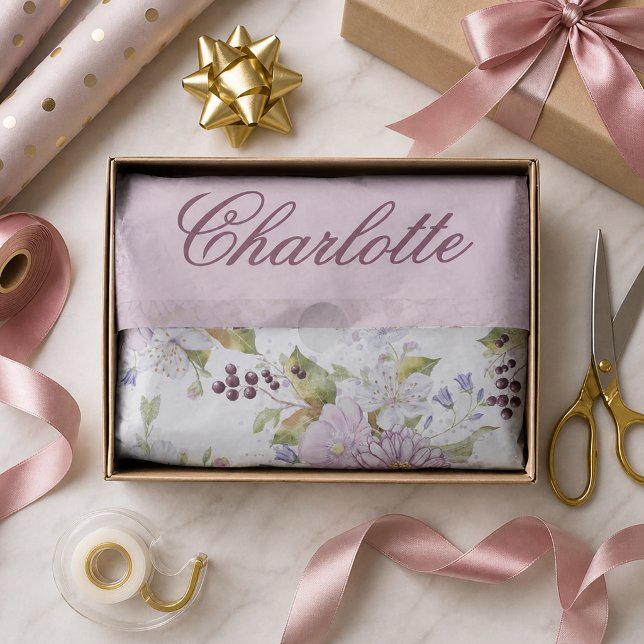 Seda Design de Papel de Presente com Monograma de Flor  (Pink Wildflower Monogram Gift Wrap Design Tissue Paper)