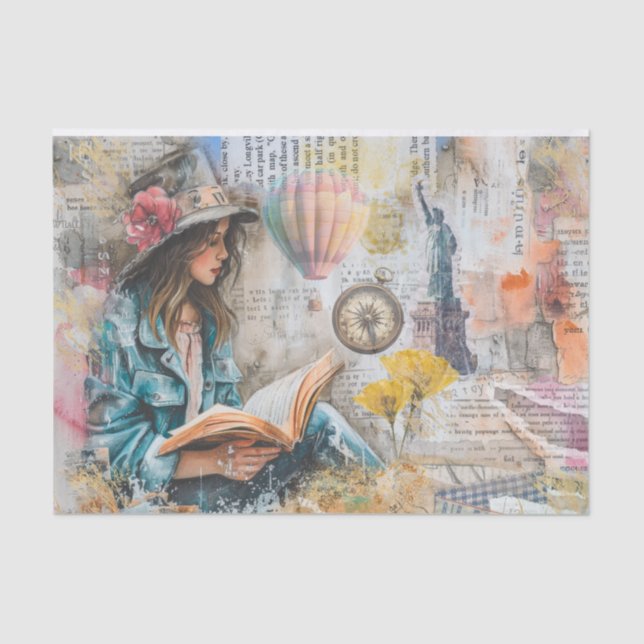 Seda Estilo de Colagem de Leitura de Rapariga Papel de  (Frente )