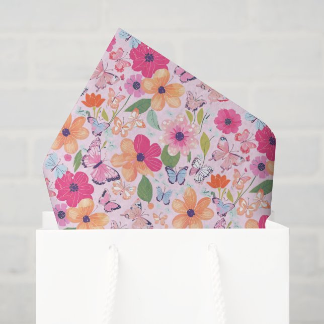 Seda Flores e Borboletas, Tecido de Papel Primavera (Sacola de presentes)