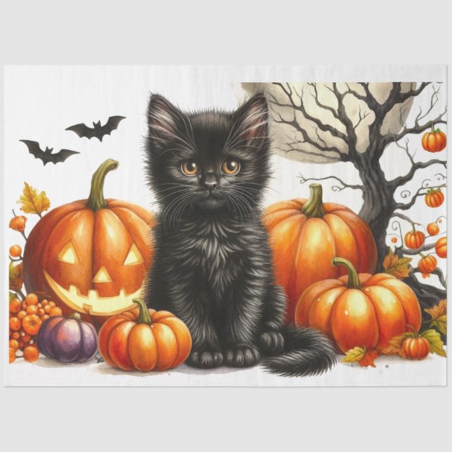 Seda Gato Halloween com Papel Tecido de Decoupage de Pu (Frente )