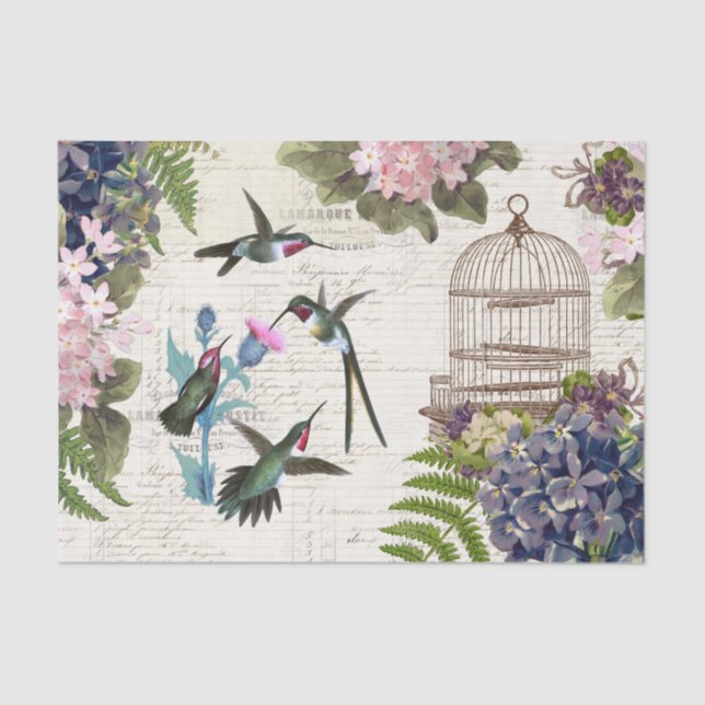 Seda Hummingbird Vintage Birdcage - Papel de Tecido Flo (Frente )