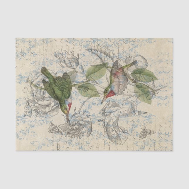 Seda Lenço de papel da colagem do pássaro do vintage (Frente )