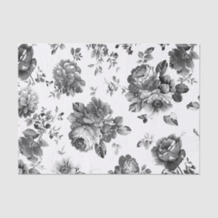 Seda Lenço de papel floral do vintage preto e branco