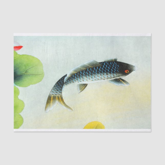 Seda Lenço de papel preto dos peixes de Koi (Frente )