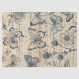 Seda Papel antigo com rosas de borboletas de tinta mono