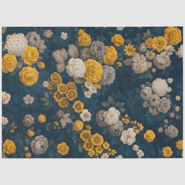 Seda Papel de Decoupage Botânico Azul Naval e Dourado M (Frente )