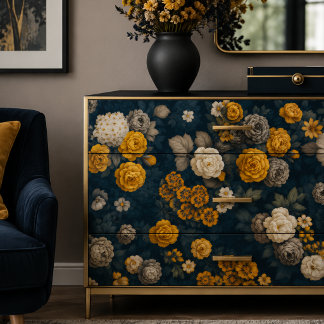 Seda Papel de Decoupage Botânico Azul Naval e Dourado M