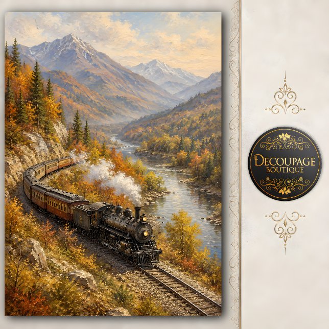 Seda Papel de Decoupage com Trem a Vapor na Montanha (Mountain Steam Train Decoupage Tissue Paper)