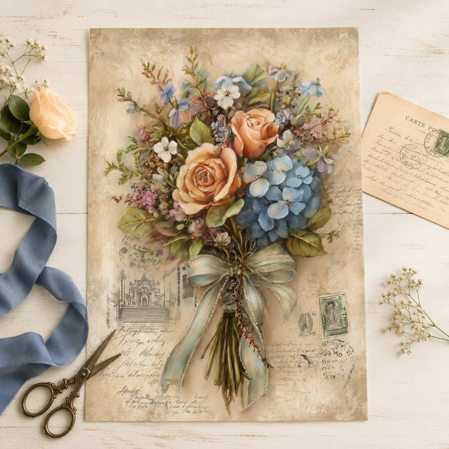 Seda Papel de Decoupage de Buquê de Rosa Hortênsia Vint (Criador carregado)