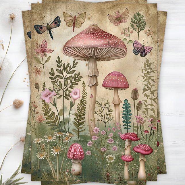 Seda Papel de Decoupage de Cogumelos da Floresta Rosa (PINK FOREST MUSHROOMS DECOUPAGE TISSUE PAPER)