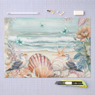 Seda Papel de Decoupage de Flores Costeiras com Gaivota