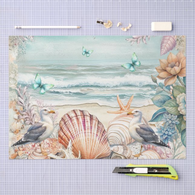 Seda Papel de Decoupage de Flores Costeiras com Gaivota (Arte )