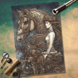 Seda Papel de Decoupage de Garota e Cavalo Steampunk 5
