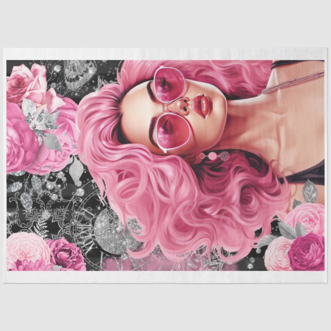 Seda Papel de Decoupage de Garota-Glama Rosa e Preta (Frente )