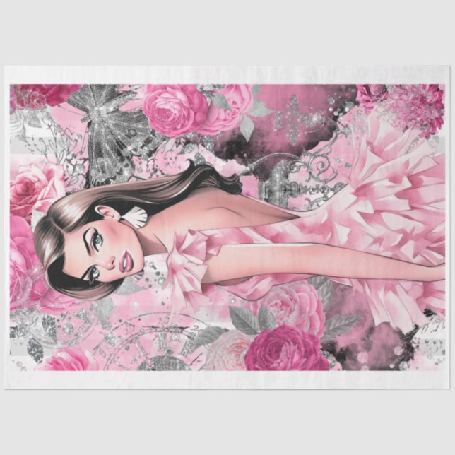 Seda Papel de Decoupage de Garota-Glama Rosa e Preta (Frente )