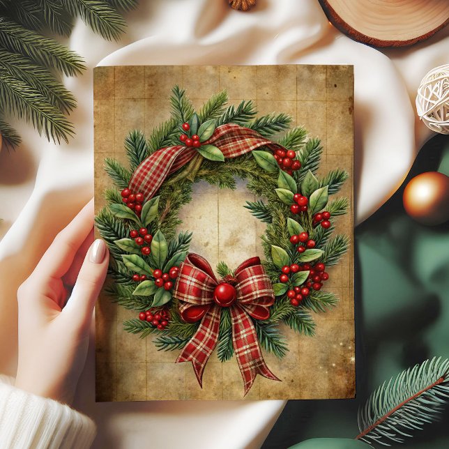 Seda Papel de decoupage de guirlanda de Natal quente ve (Warm Christmas wreath decoupage paper red green)