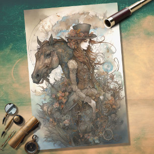 Seda Papel de Decoupage de Menina e Cavalo Steampunk 6