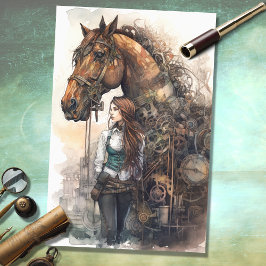 Seda Papel de Decoupage de Moça e Cavalo Steampunk 2