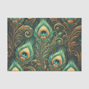 Seda Papel de Decoupage de Penas de Pavão Verde e Doura