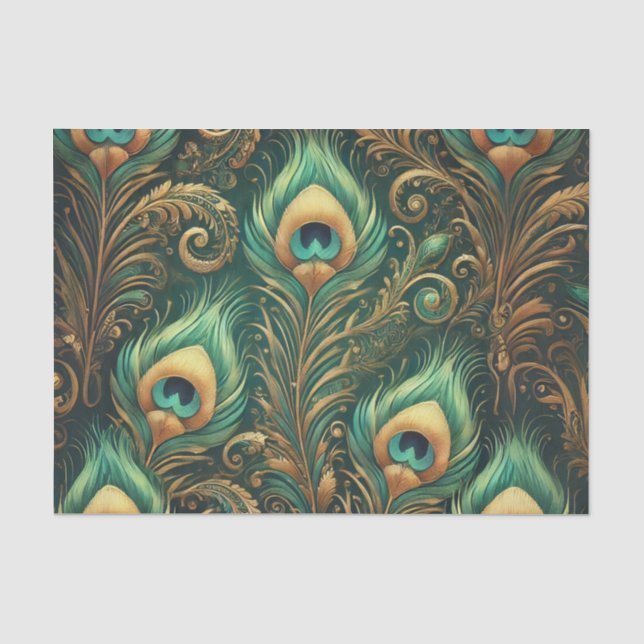 Seda Papel de Decoupage de Penas de Pavão Verde e Doura (Frente )