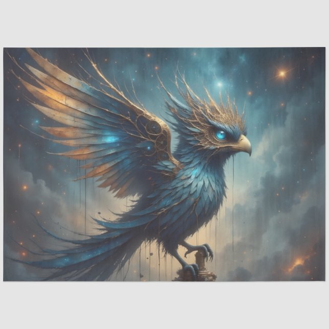 Seda Papel de Decoupage do Pássaro Fênix Azul Fantasia (Frente )