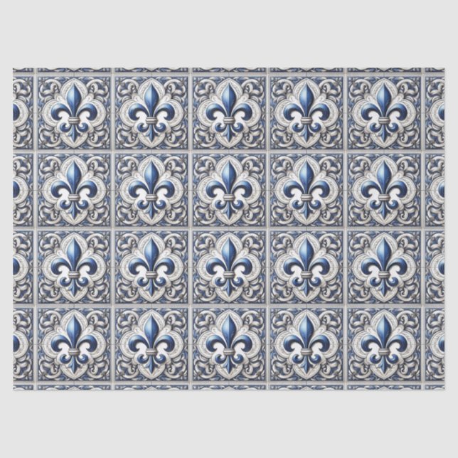 Seda Papel de Decoupage Flor de Lis em Azul e Branco Pa (Frente )