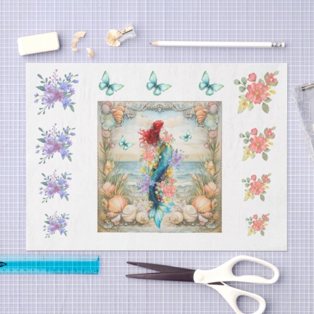 Seda Papel de Decoupage Floral de Sereia e Conchas Past (Arte )