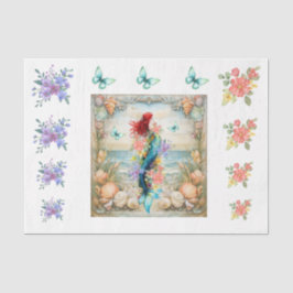 Seda Papel de Decoupage Floral de Sereia e Conchas Past