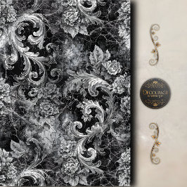 Seda Papel de Decoupage Floral em Preto e Prata