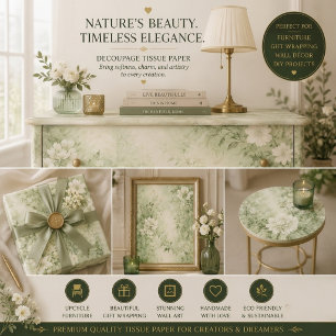 Seda Papel de Decoupage Floral Shabby Chic Verde Salvia
