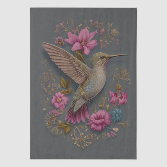 Seda Papel de Decoupage Tecido de Beija-flor Floral (Frente )