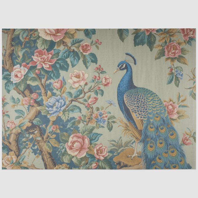 Seda Papel de Decoupage Tecido Elegante Pavão Azul (Frente )