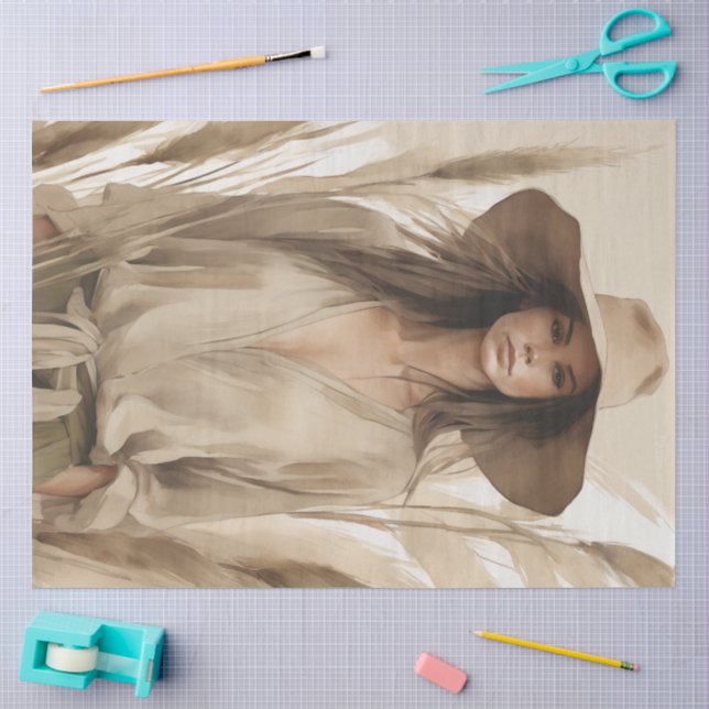 Seda Papel de Decoupage Tecido Mulher Boho Neutra (Arte )