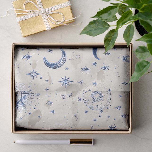 Seda Papel de embrulho Celestial Moons & Stars Azul/Cre (Presente)