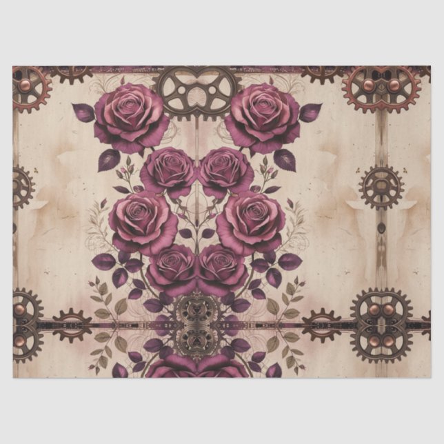 Seda Papel de embrulho Steampunk Plum Roses & Gears (Frente )