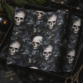 Seda Papel de Natal Gótico com Caveira & Azevinho Sombr