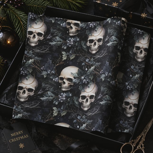 Seda Papel de Natal Gótico com Caveira & Azevinho Sombr (Criador carregado)