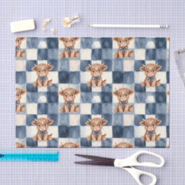 Seda Papel de Presente Cow Highland Xadrez Azul Fofo