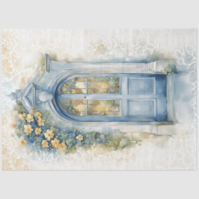 Seda Papel de Tecido Azul Floral e Amarelo para Decoupa (Frente )