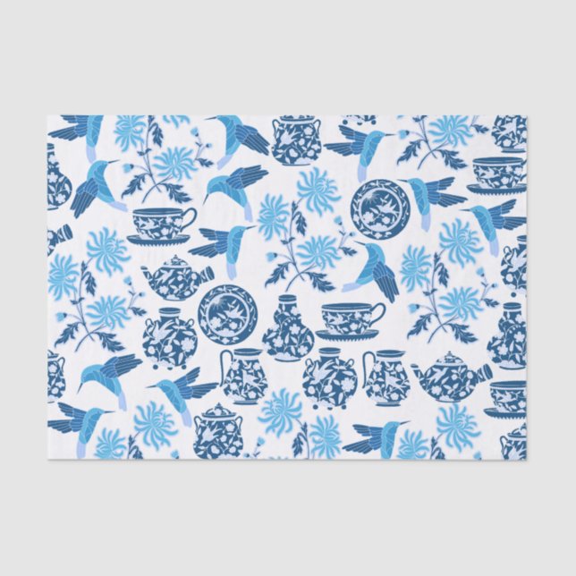 Seda Papel de Tecido Azul Hummingbird e Flores (Frente )