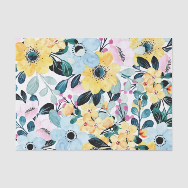Seda Papel de Tecido das Flores Azul e Amarelo - Brilho (Frente )