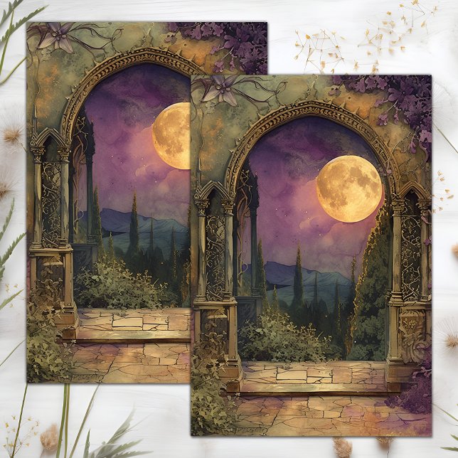 SEDA PAPEL DE TECIDO DE DECOPÁGIO DE LUA CHEIA E DE ARC (FULL MOON AND GARDEN ARCH DECOUPAGE TISSUE PAPER)