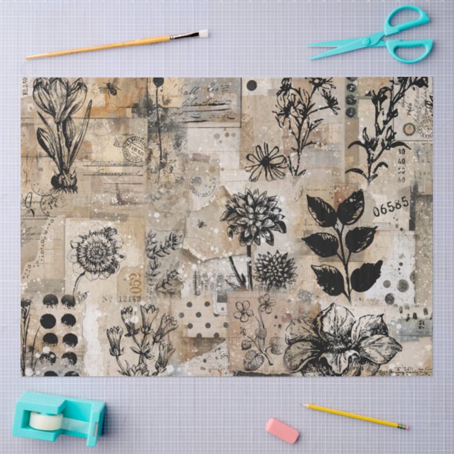 Seda Papel de Tecido Decoupage Colagem Botânica Com Tin (Arte )