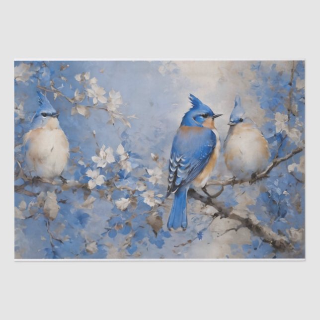 Seda Papel de Tecido Decoupage Pássaros Azuis e Flores (Frente )